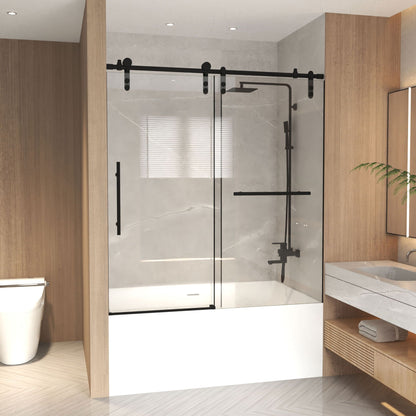 Frameless sliding bathtub door with tempered glass and black hardware, HouseOfZazla shower door on Tampa Home & Garden Store