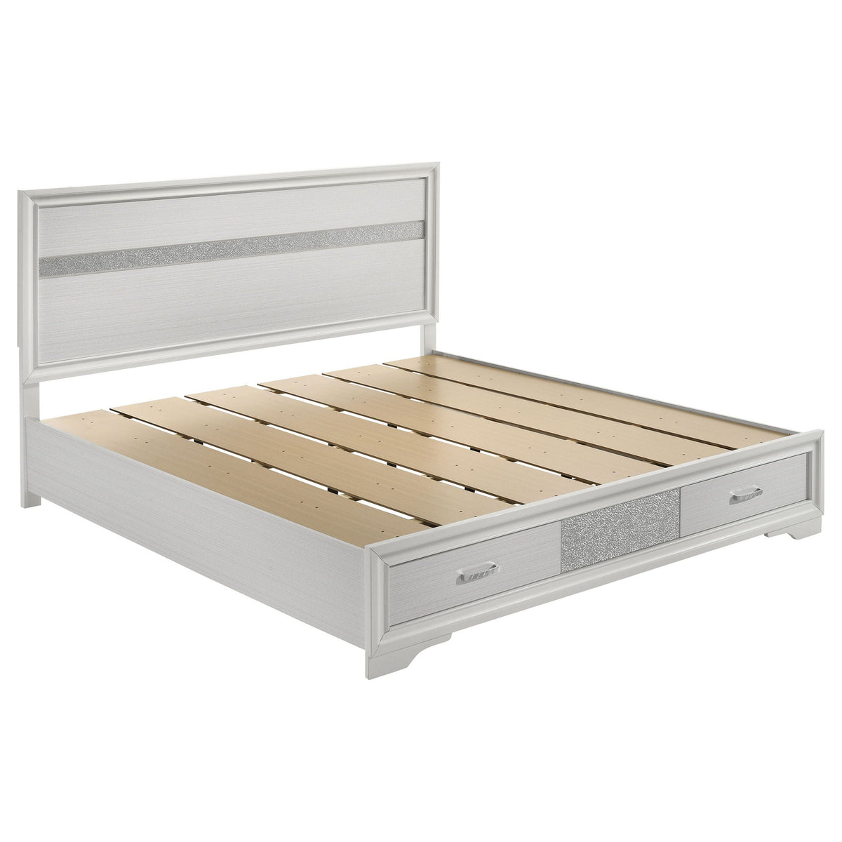 Corbin Glittering 4-piece Bedroom Set silver headboard slatted bed frame with two drawers on Tampa Home & Garden Store