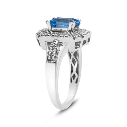 Sterling silver ring with emerald-cut blue topaz and diamond accents, size 7 on Tampa Home & Garden Store