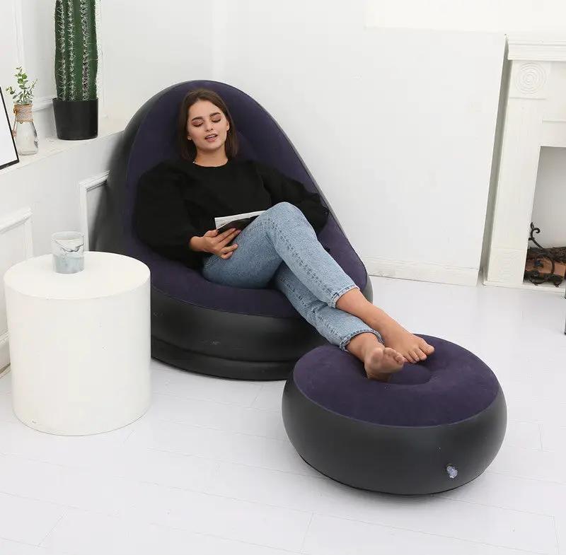 Lazy Bean Bag with Inflatable Folding Sofa, purple chair with ottoman, two-piece set on Tampa Home & Garden Store