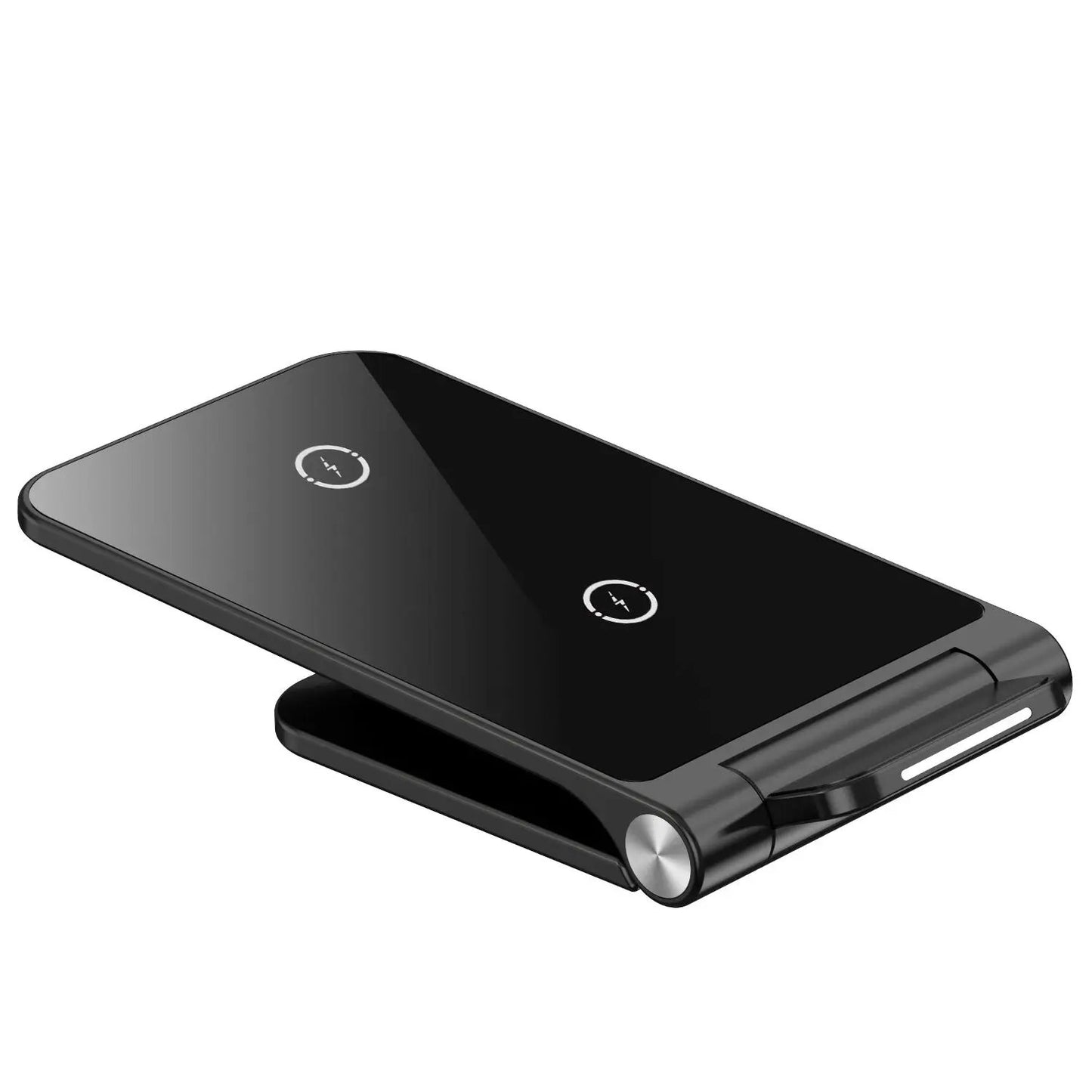 C Foldable wireless charger folding stand black glossy top with dual charging pads and foldable hinge on Tampa Home & Garden Store