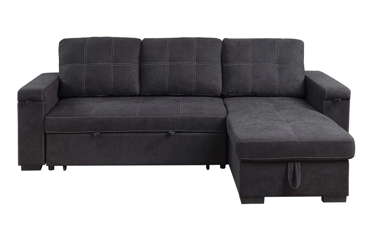 Toby sleeper sectional with storage chaise charcoal woven fabric white stitching on Tampa Home & Garden Store