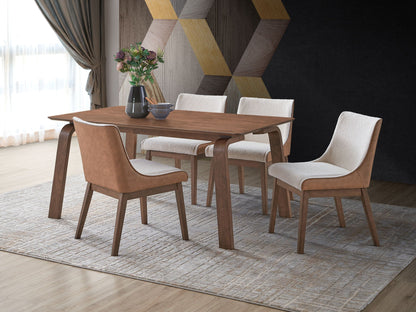 Ginny Walnut Dining Table with walnut finish and rectangular top, cream upholstered chairs on Tampa Home & Garden Store