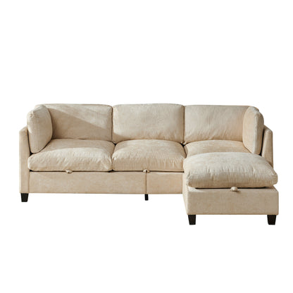 96.5-in L-shaped sectional sofa with ottoman by HouseOfZazla, beige linen upholstery on Tampa Home & Garden Store