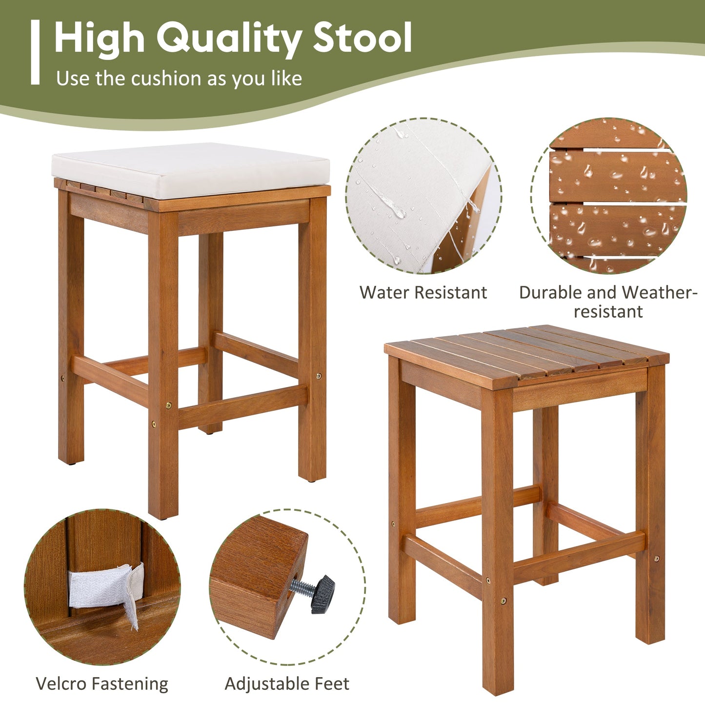 5 Piece Outdoor Bar Set by HouseOfZazla: two wooden bar stools with white cushions on Tampa Home & Garden Store