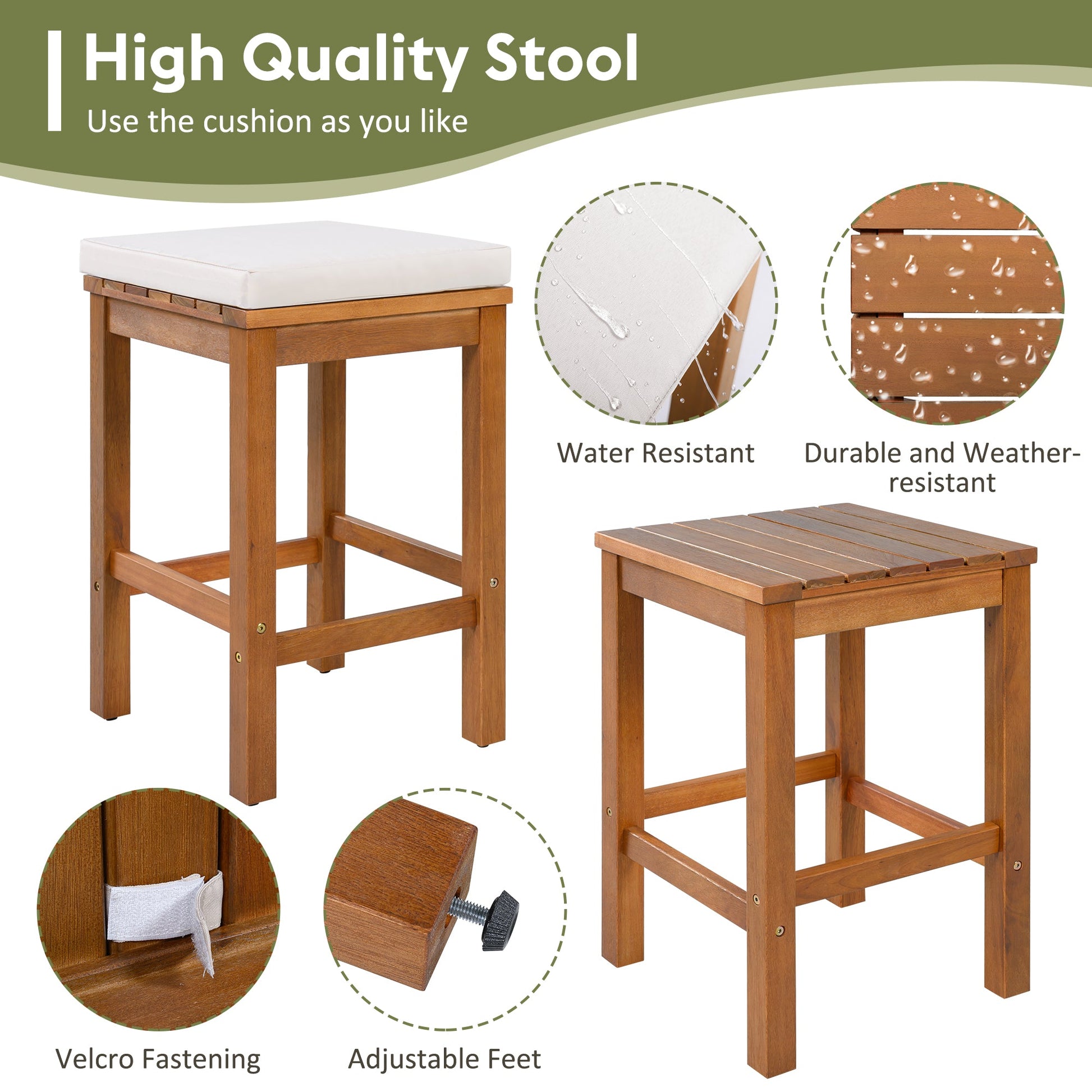5 Piece Outdoor Bar Set by HouseOfZazla: two wooden bar stools with white cushions on Tampa Home & Garden Store
