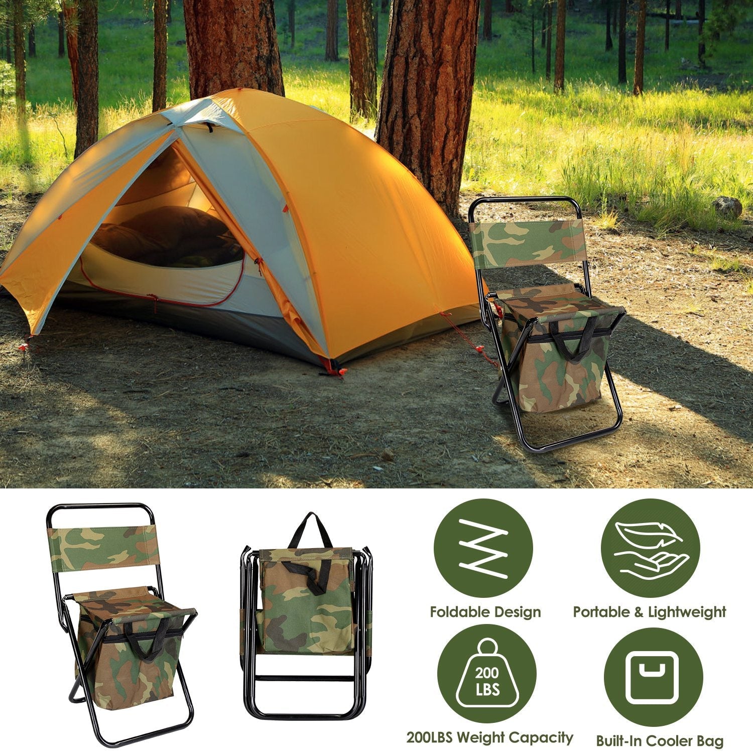 Foldable fishing chair with camo backrest and built-in cooler bag GemGear beside tent on Tampa Home & Garden Store
