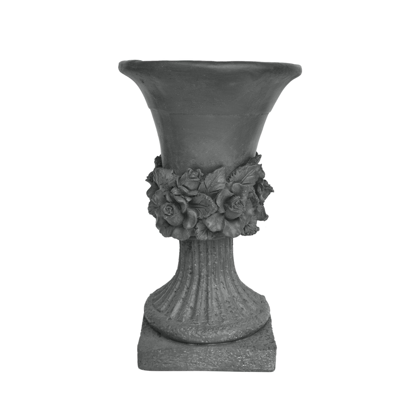 MGO Garden Urn Planter dark charcoal with rose relief around neck on a textured pedestal on Tampa Home & Garden Store