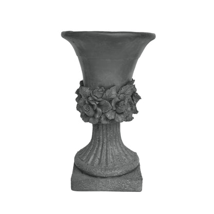 MGO Garden Urn Planter dark charcoal with rose relief around neck on a textured pedestal on Tampa Home & Garden Store