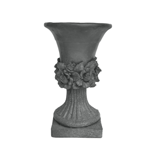 MGO Garden Urn Planter dark charcoal with rose relief around neck on a textured pedestal on Tampa Home & Garden Store