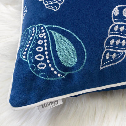 Seashells Pillow Cover blue velvet with teal embroidery seashells by Unique Piece Furniture on Tampa Home & Garden Store