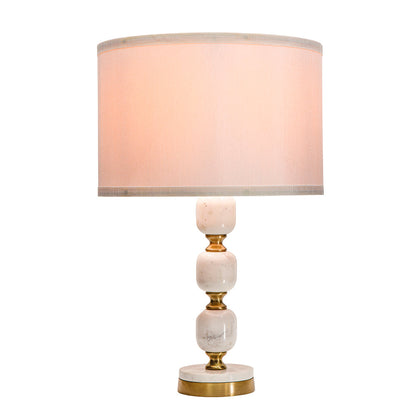 D15x26.5 Table Lamp by HouseOfZazla with pink fabric shade and stacked creamy marble orbs, brass accents, circular marble base on Tampa Home & Garden Store