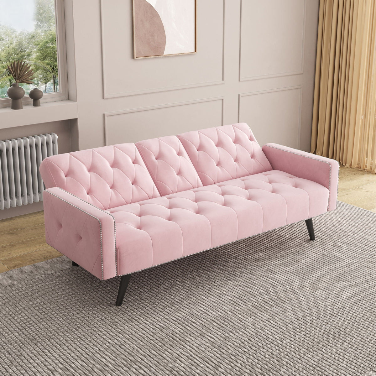 Pink Velvet Sofa Bed With Nailhead And The Frame