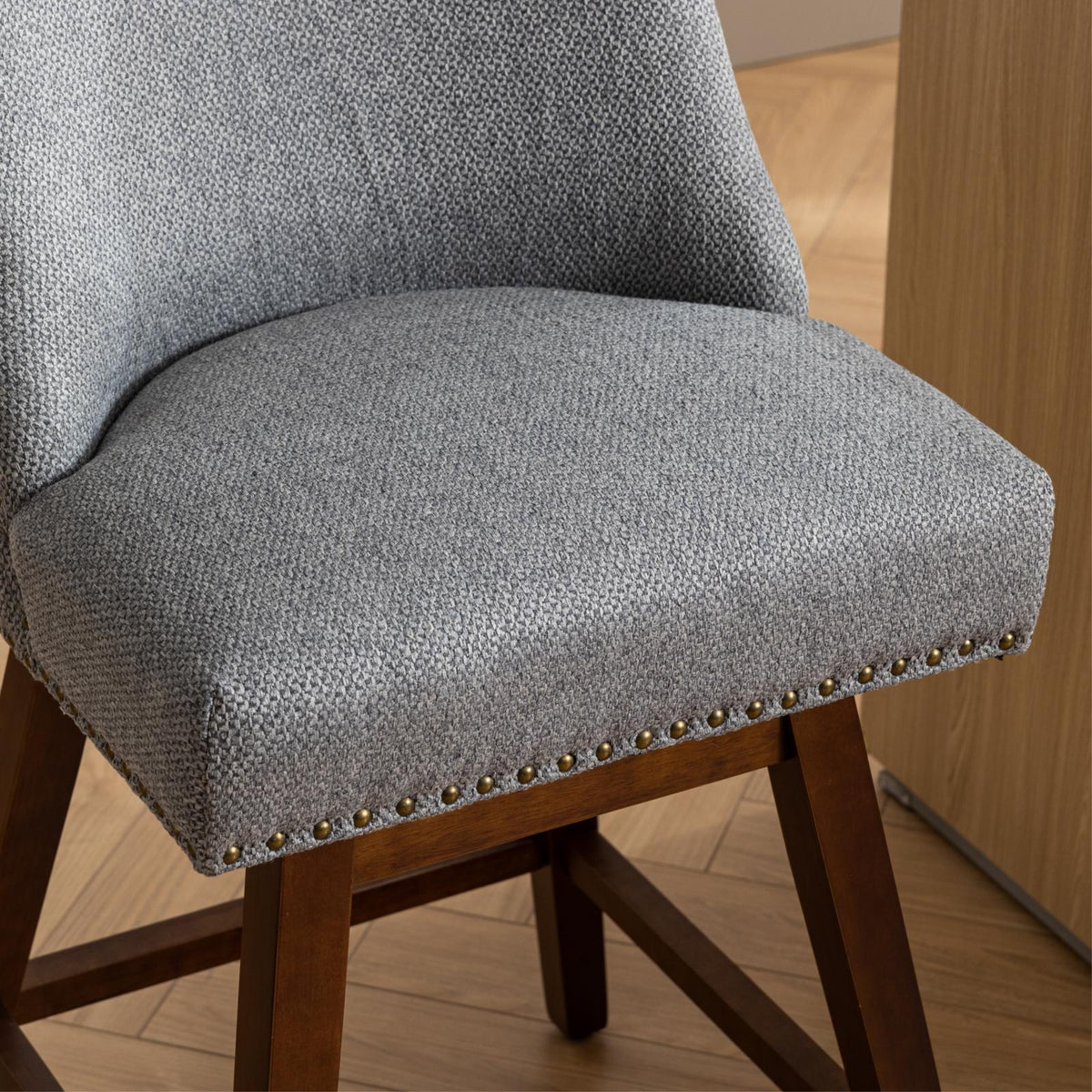 Counter height swivel barstools in textured fabric, nailhead trim, wooden legs set of 2 on Tampa Home & Garden Store
