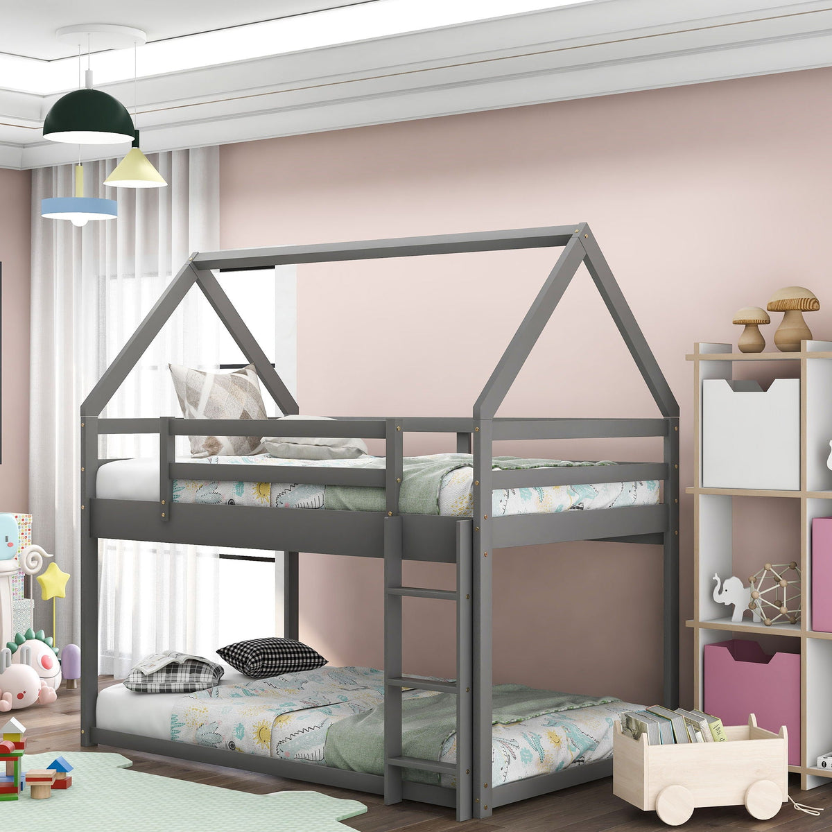 Low bunk bed with house-shaped gray metal frame and ladder by HouseOfZazla on Tampa Home & Garden Store