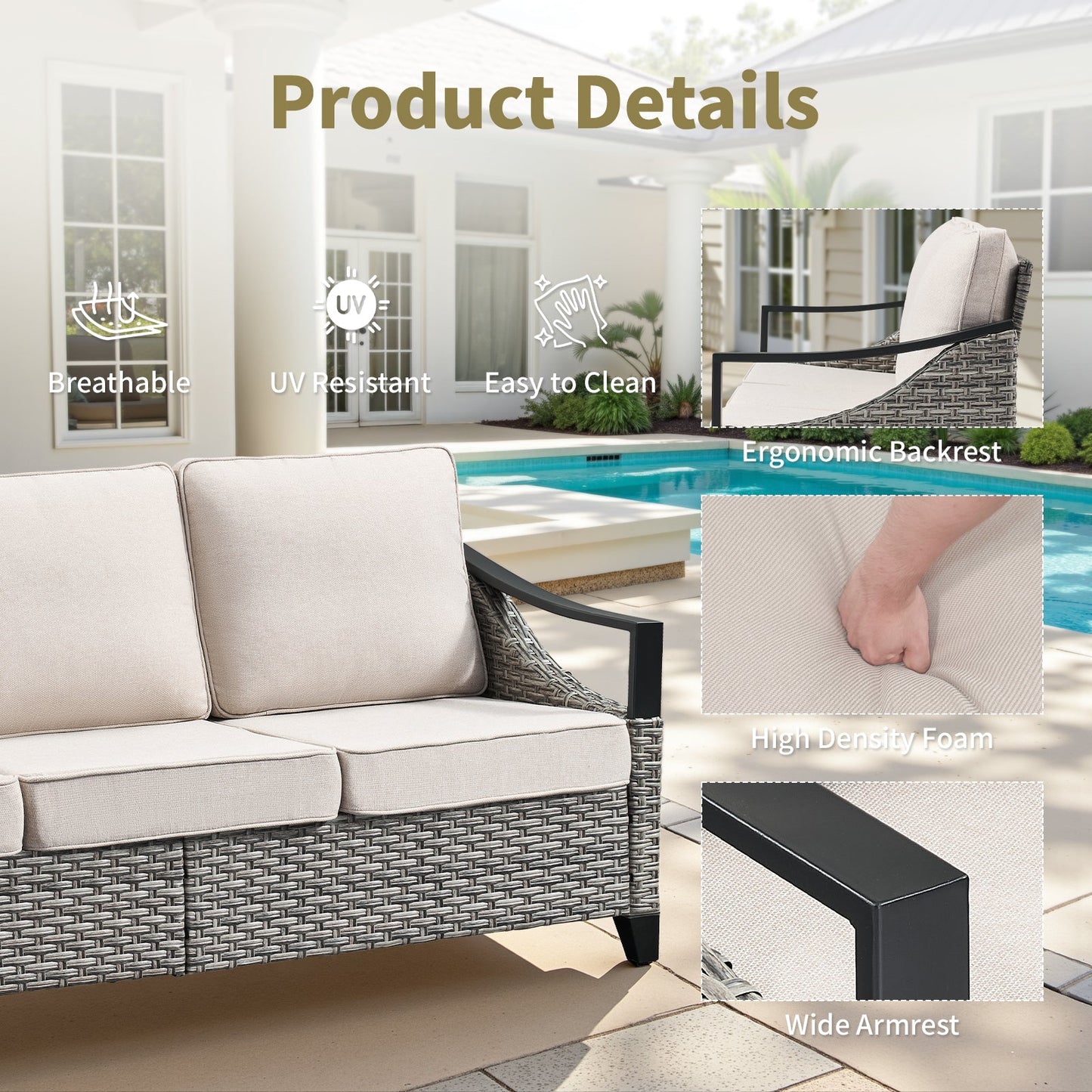 73.4in Wide Outdoor Wicker Sofa with beige cushions on a dark woven frame for patio seating on Tampa Home & Garden Store