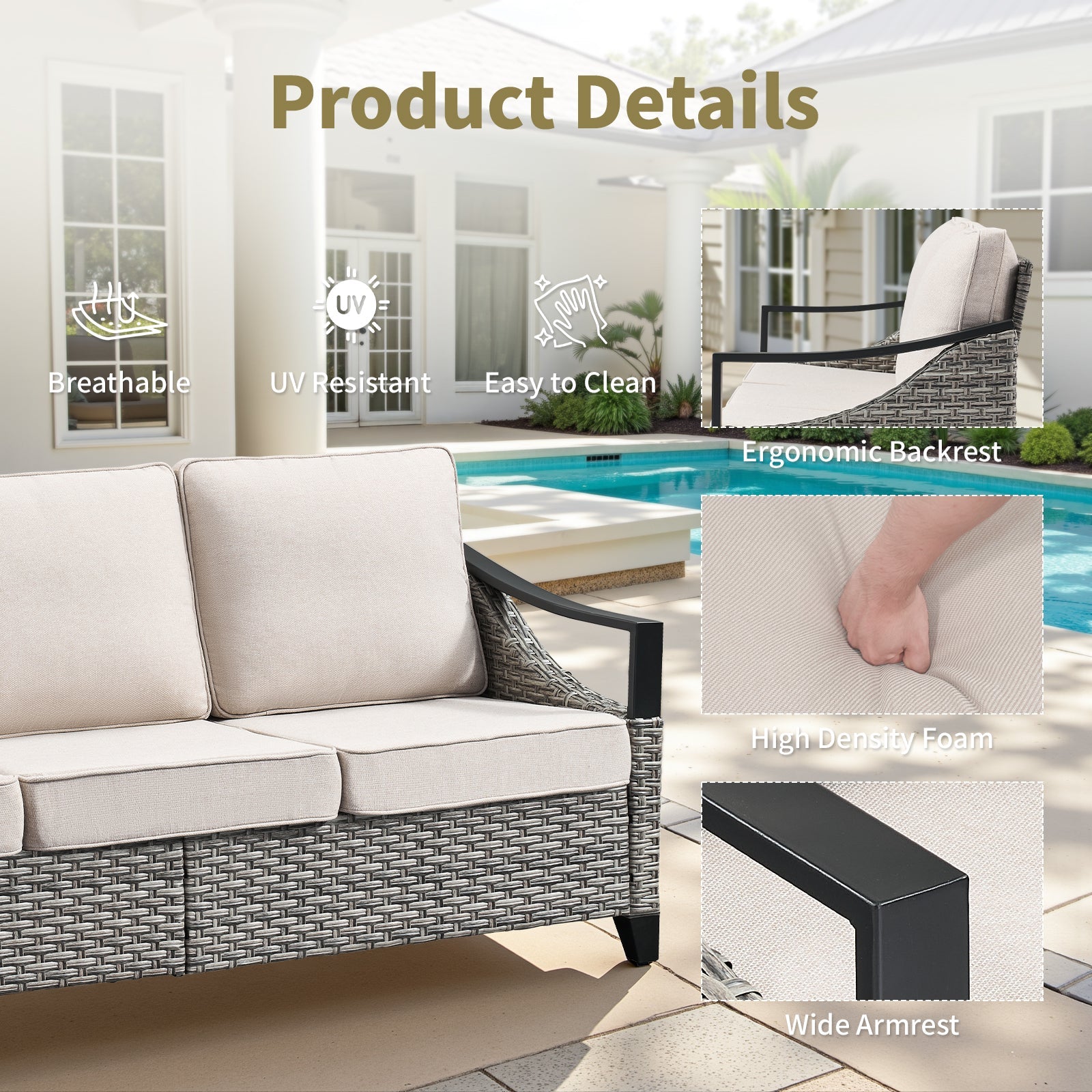 73.4in Wide Outdoor Wicker Sofa with beige cushions on a dark woven frame for patio seating on Tampa Home & Garden Store