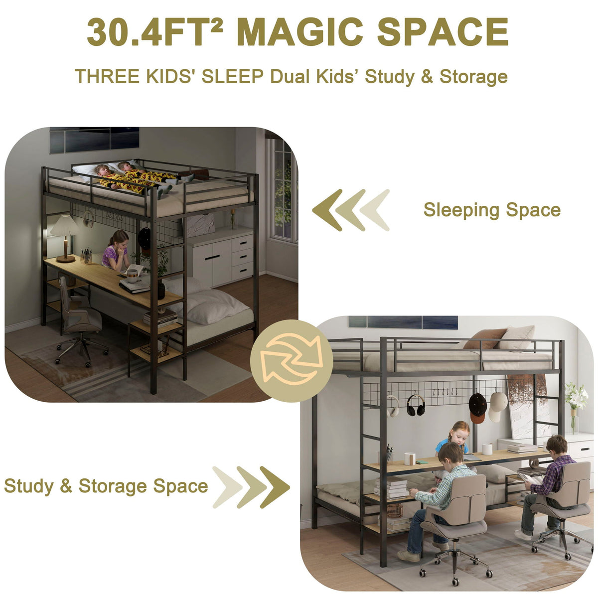 Ethan bunk bed with desk, black metal frame, wood desk and storage, two setups on Tampa Home & Garden Store