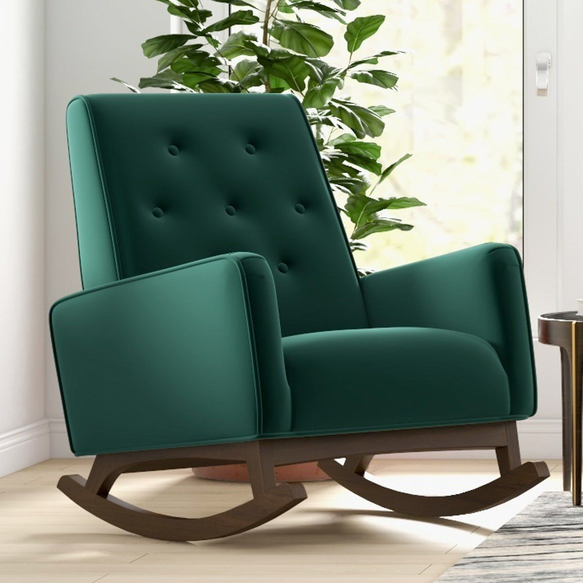 Demetrius solid wood rocking chair in teal upholstery with curved walnut rockers on Tampa Home & Garden Store