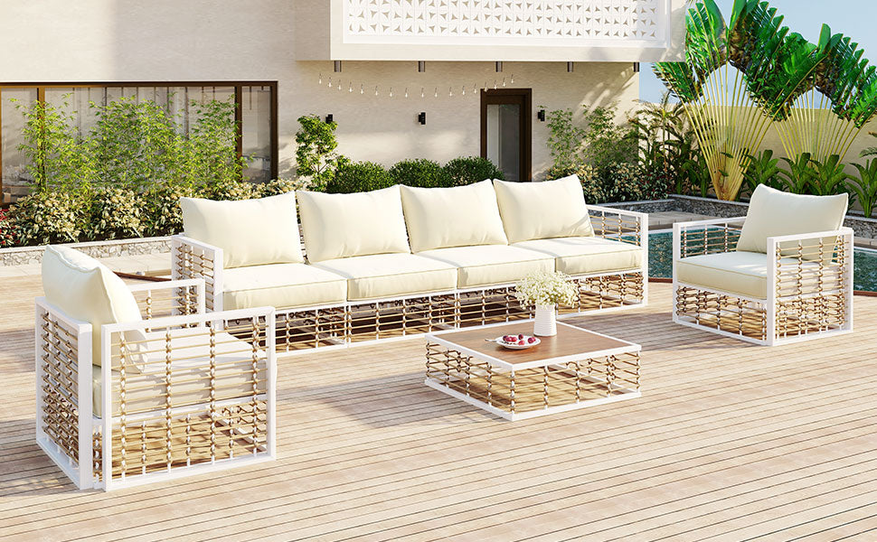 TOPMAX 7-Piece Patio Sectional Sofa Set white beige cushions on a wooden deck on Tampa Home & Garden Store