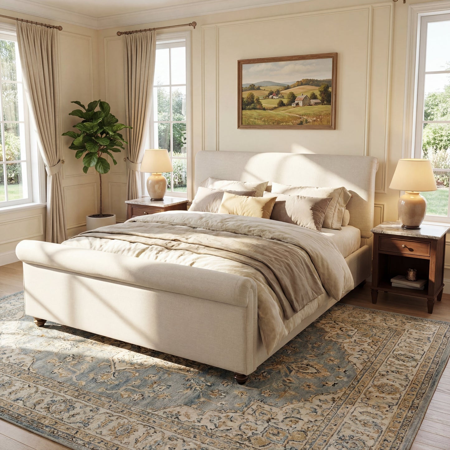 Queen Luxurious Upholstered Bed Frame and Linen