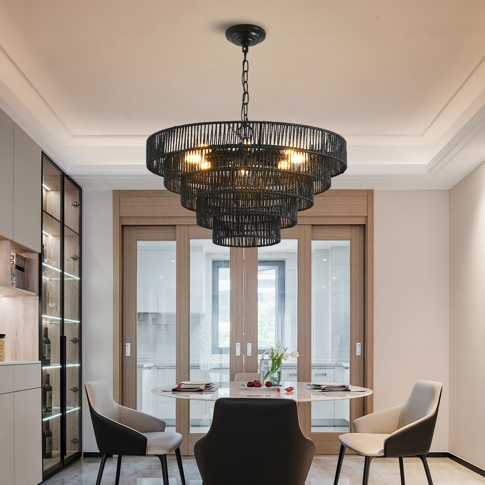 Chandelier 24' Rustic 5-Tier Black Hemp Rope Pendant Light with rope cage on Tampa Home & Garden Store
