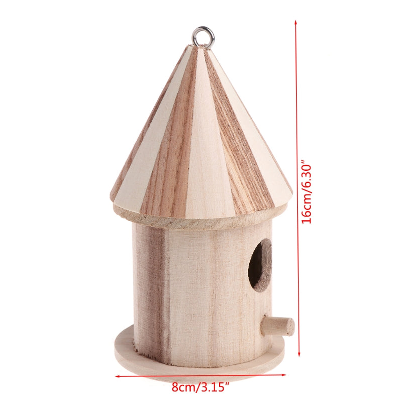 Wooden outdoor bird nest birdhouse natural wood with striped conical roof on Tampa Home & Garden Store