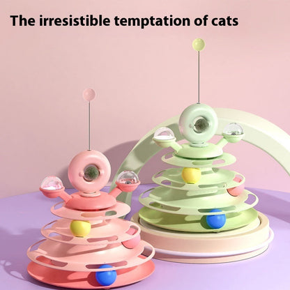 4-Level Cat Toy Tower pair with turntable roller balls, pink and green, interactive puzzle play on Tampa Home & Garden Store