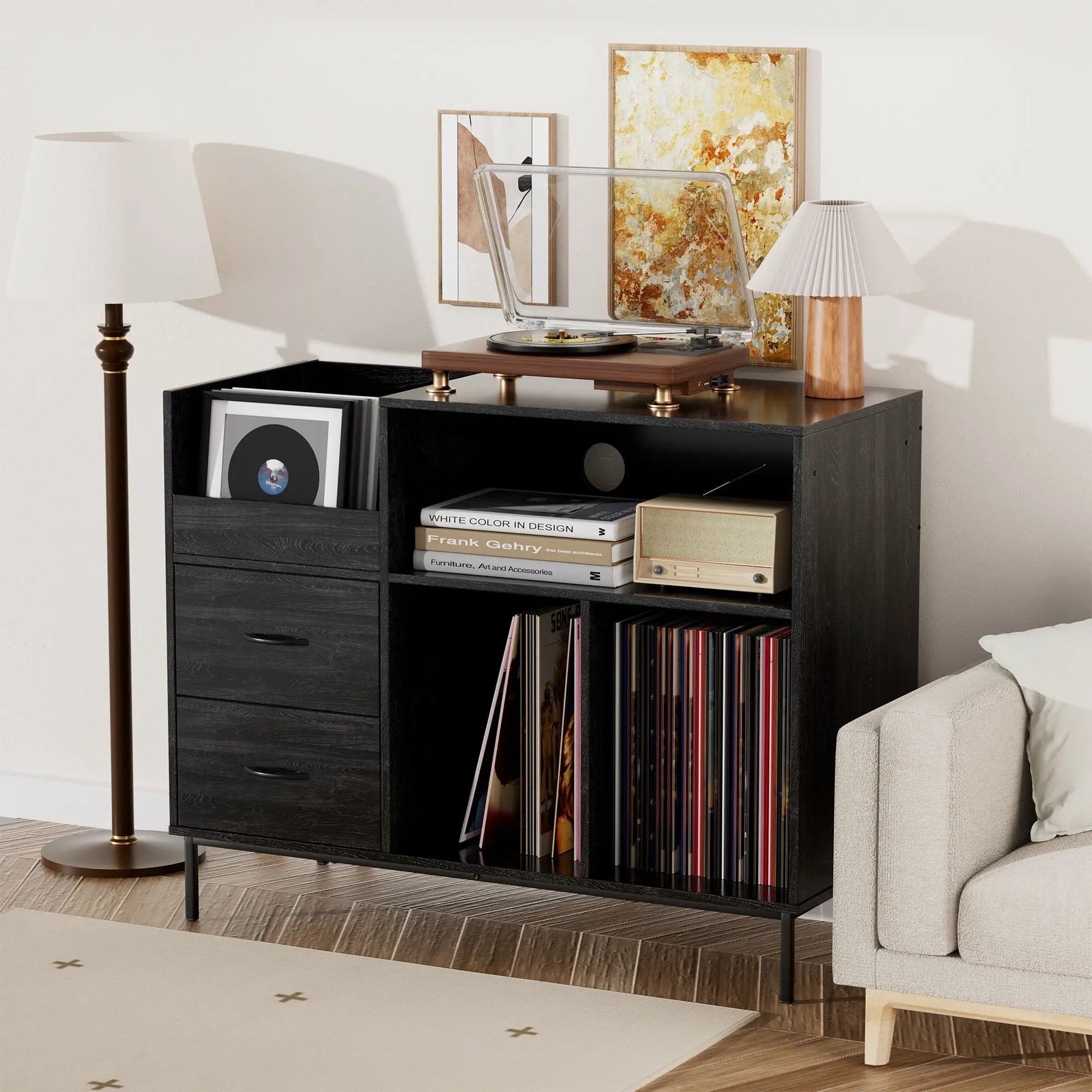 Vinyl record player stand in black wood with turntable on top and record shelves behind on Tampa Home & Garden Store