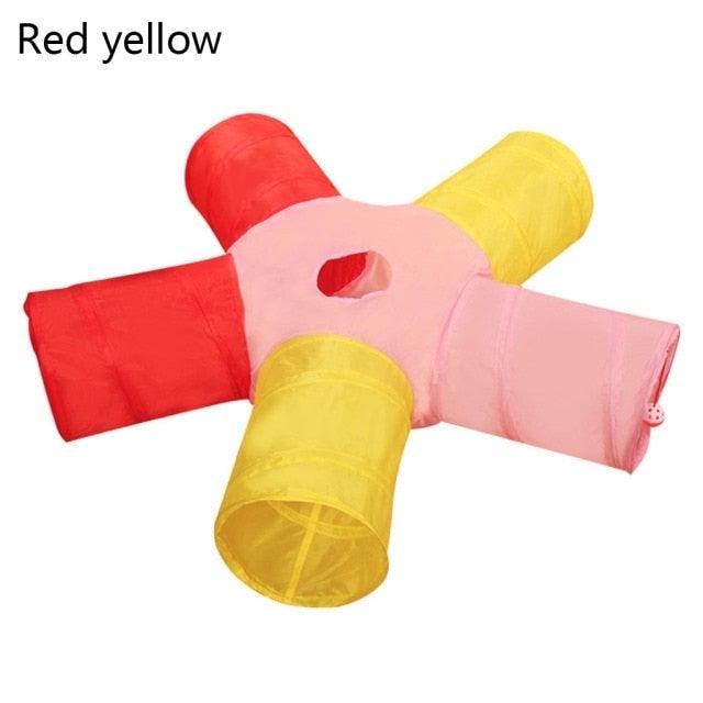 Stevvex tunnel toy with red pink and yellow fabric tubes for cats on Tampa Home & Garden Store
