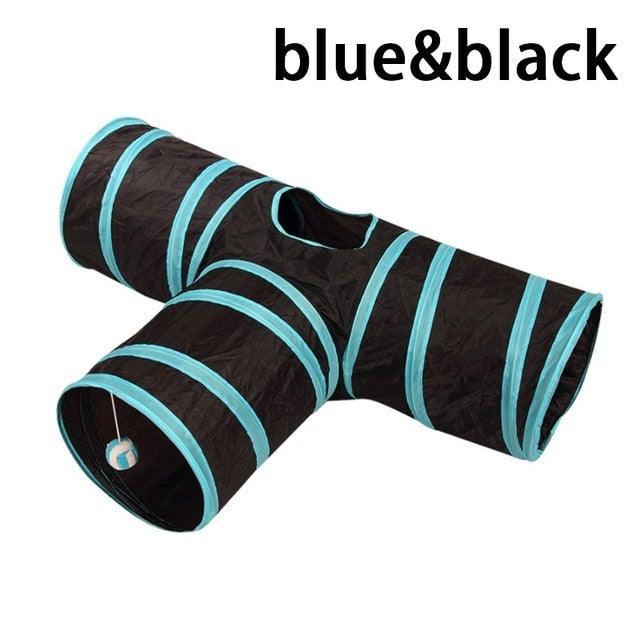 Stevvex cat tunnel toy, blue-trim black foldable 3-way indoor play tube on Tampa Home & Garden Store