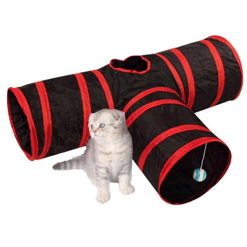 Stevvex foldable cat tunnel cross, black with red trim, 3-way tubes on Tampa Home & Garden Store