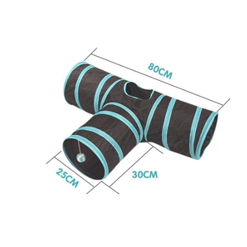 Stevvex 3-way foldable cat tunnel ST80PTDE34, black fabric with turquoise rings, 80cm long on Tampa Home & Garden Store
