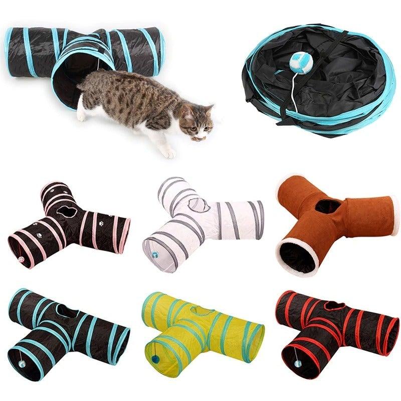 Stevvex cat tunnel set foldable 3-way play tubes in black/blue multi-color indoor cat toy on Tampa Home & Garden Store