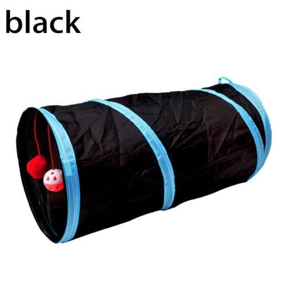 Foldable black cat tunnel with blue trim and hanging red ball toy for indoor cats on Tampa Home & Garden Store