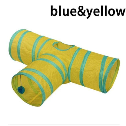 Stevvex yellow cat tunnel toy with blue trim, foldable 3-way indoor play tunnel for cats on Tampa Home & Garden Store