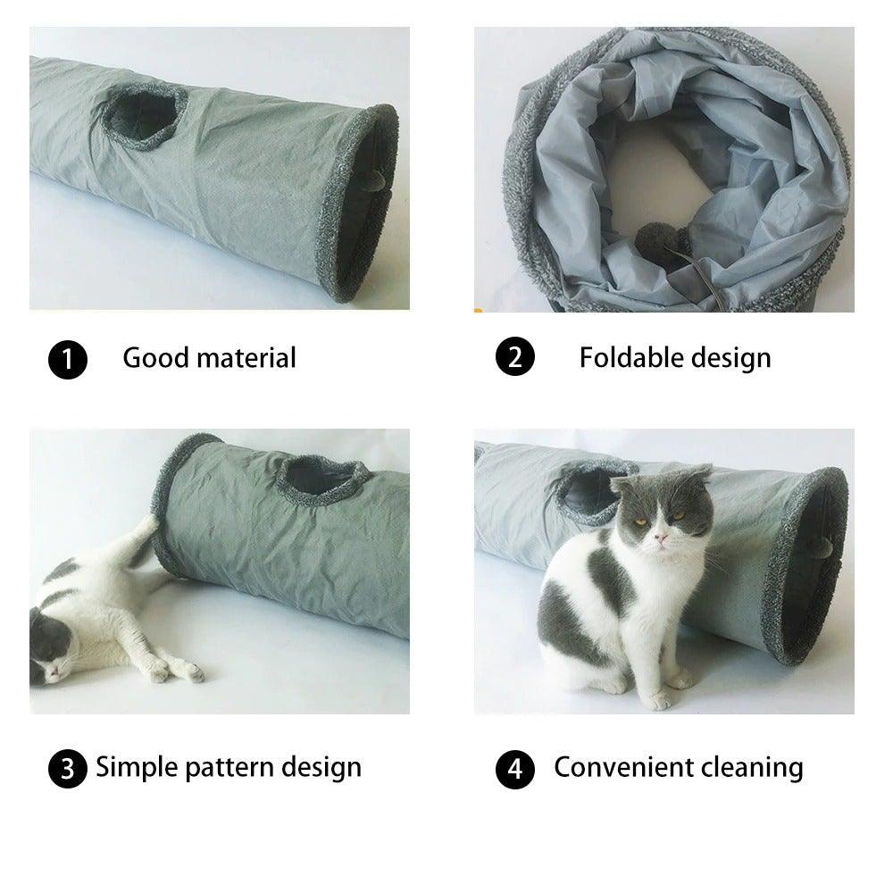 Stevvex foldable gray cat tunnel with plush ends and side hole, cat lounging beside it on Tampa Home & Garden Store