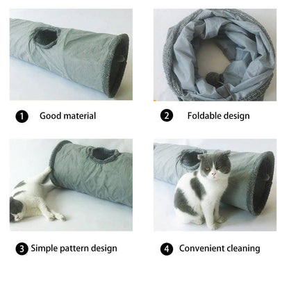 Stevvex foldable gray cat tunnel with plush ends and side hole, cat lounging beside it on Tampa Home & Garden Store