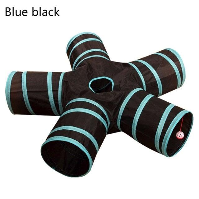 Stevvex foldable five-tube cat tunnel toy in black with blue trim for indoor play on Tampa Home & Garden Store