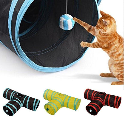 Stevvex cat tunnel 3-way foldable black with blue trim; cat toys with hanging ball; variants shown on Tampa Home & Garden Store