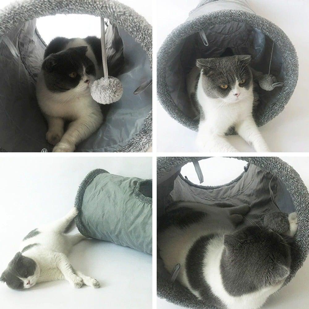 Stevvex cat tunnel foldable plush gray play tube with multiple holes; cats inside on Tampa Home & Garden Store