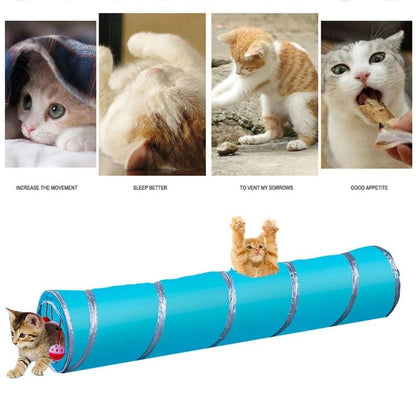 Stevvex blue foldable cat tunnel with multiple holes and hanging ball toy for indoor cats on Tampa Home & Garden Store