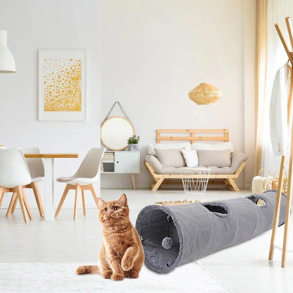 Stevvex cat tunnel, gray foldable 3-way play tube for indoor cats on Tampa Home & Garden Store