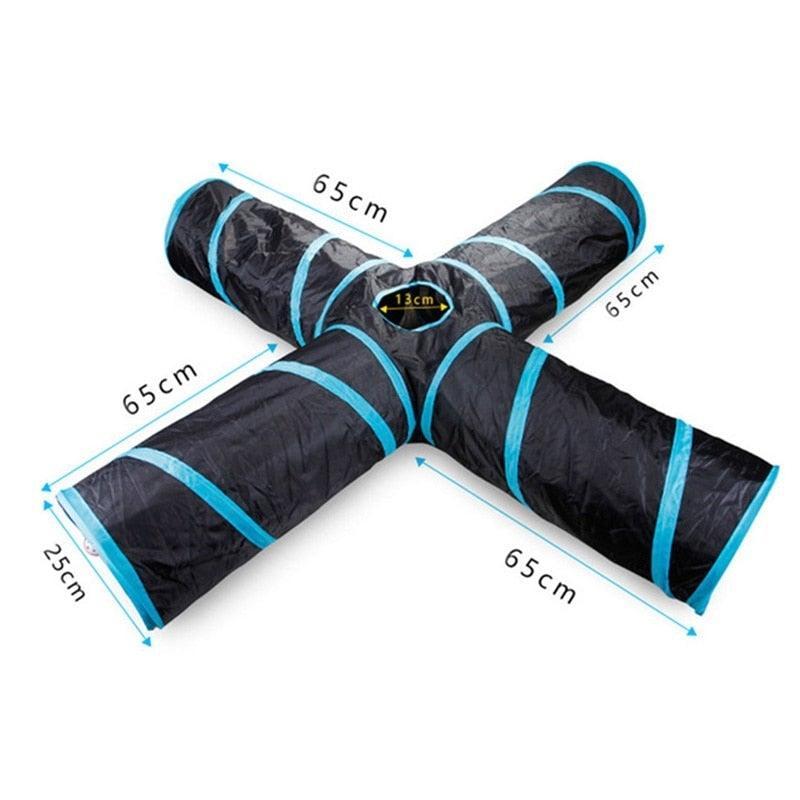 Stevvex cat tunnel playset cross-shaped foldable tube with blue trim, four 65cm arms on Tampa Home & Garden Store