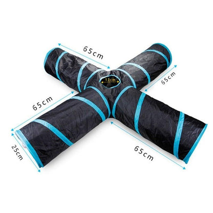 Stevvex cat tunnel playset cross-shaped foldable tube with blue trim, four 65cm arms on Tampa Home & Garden Store
