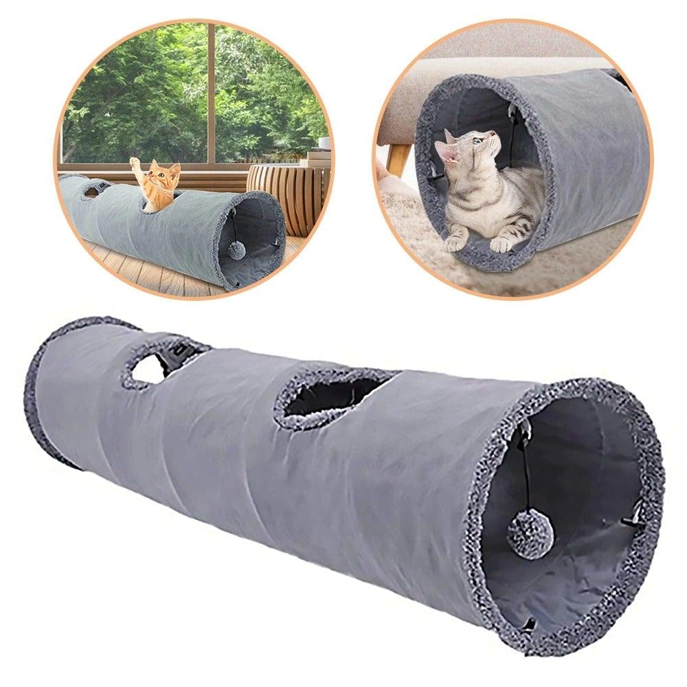 Stevvex cat tunnel foldable gray fabric with holes and hanging pom pom toy on Tampa Home & Garden Store