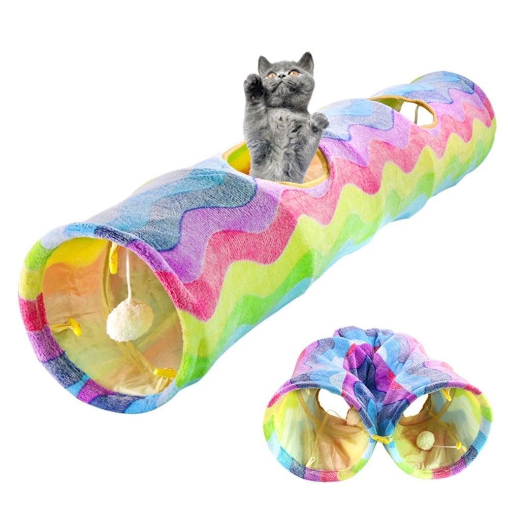 Stevvex rainbow plush cat tunnel, foldable 3-way indoor cat play tunnel on Tampa Home & Garden Store
