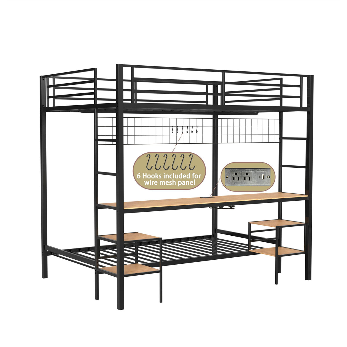 Ethan bunk bed with desk, charging station and storage shelves by HouseOfZazla in black metal on Tampa Home & Garden Store