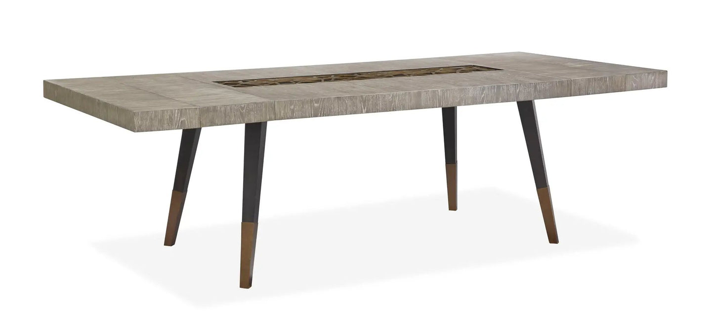Ryker rectangular dining table in Brown with weathered wood top and woven inlay, dark legs on Tampa Home & Garden Store
