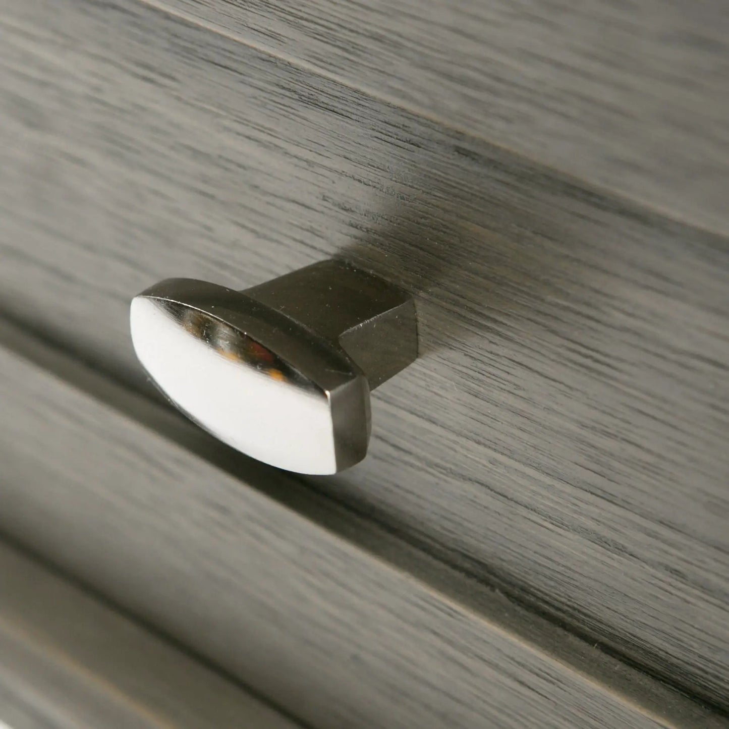 Warm Shaker handcrafted coffee table metal pull on graywashed wood surface on Tampa Home & Garden Store